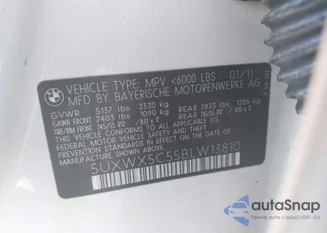 2011 BMW X3 xDrive28I из США, поврежденный, VIN 5UXWX5C55BLW13810